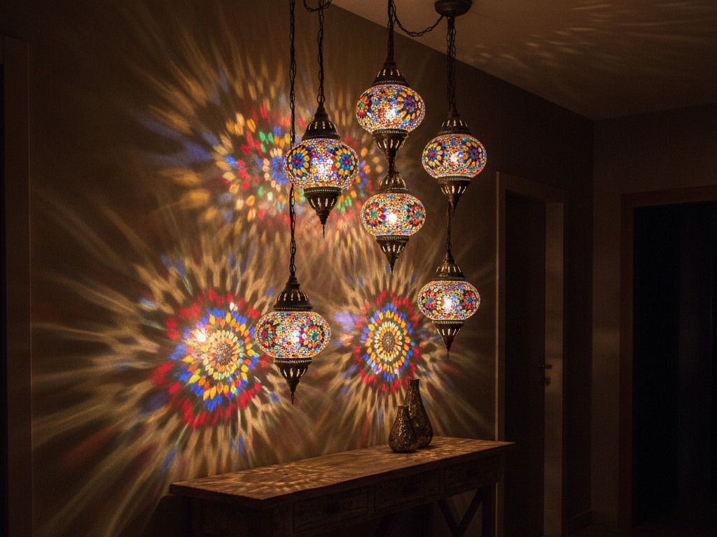 Ghar ke entryway ke liye rang-birangi Moroccan style glass lamps jo deewaron par sundar shadows banati hain - Sri Ram Light