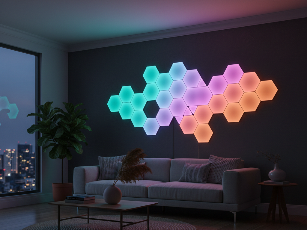 Modern living room ke liye Modern Living Room with Hexagon RGB Wall Lights ki dark wall par lagi aesthetic hexagon RGB smart lights jo vibrant colors aur premium look de rahi hain - Sri Ram Light