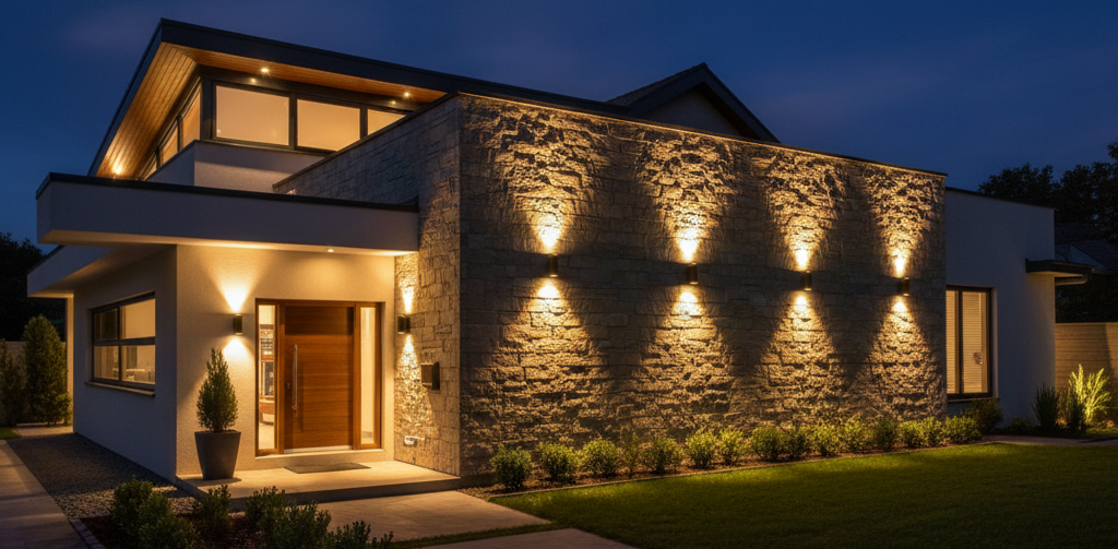 Modern luxury house with waterproof up-down outdoor wall lights on stone cladding.